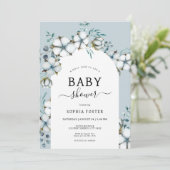 Dusty Blue, katoenbloemen, wit boog Baby shower Kaart (Staand voorkant)