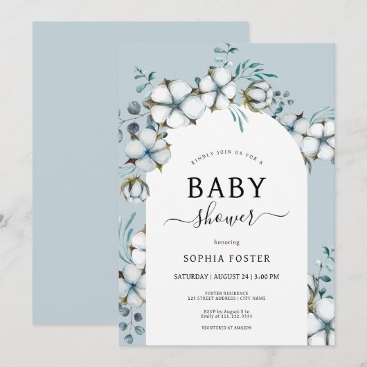 Dusty Blue, katoenbloemen, wit boog Baby shower Kaart (Voorkant / Achterkant)