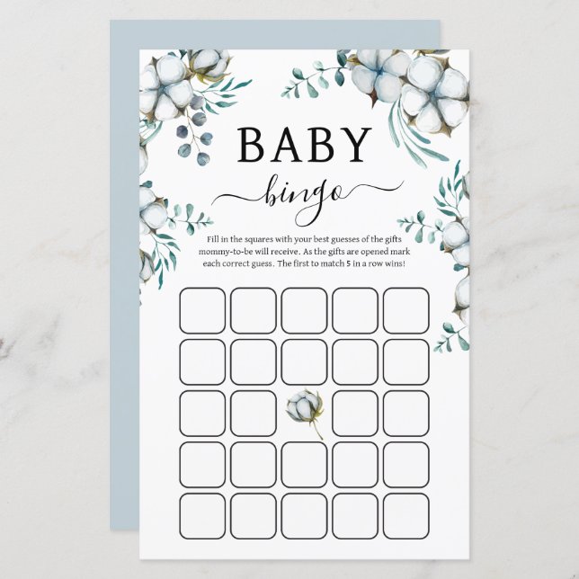 Dusty Blue katoenen bloemen Baby shower Bingo spel (Voorkant / Achterkant)
