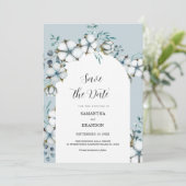 Dusty Blue, katoenen bloemen, boog Save the Date Kaart (Staand voorkant)
