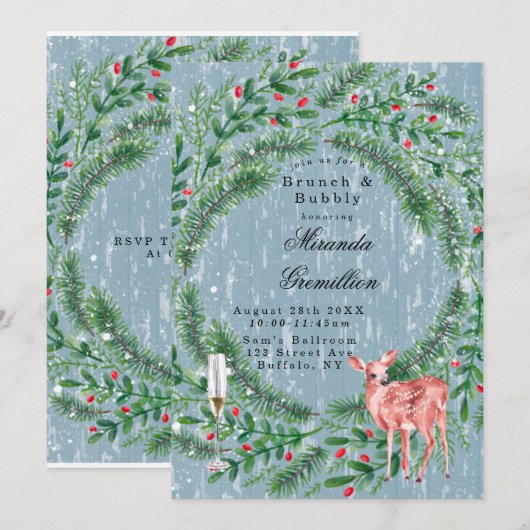 Dusty Blue Kerstmis Deer Brunch en Bubble Kaart (Voorkant / Achterkant)