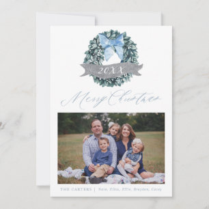 Dusty Blue Kerstmis Wreatay Fotokaart Feestdagenkaart