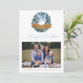 Dusty Blue Kerstmis Wreatfoto Card Feestdagenkaart (Staand voorkant)