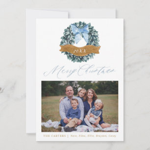 Dusty Blue Kerstmis Wreatfoto Card Feestdagenkaart