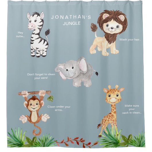 Dusty Blue Kind Oerwoud Animals Douchegordijn (Voorkant)