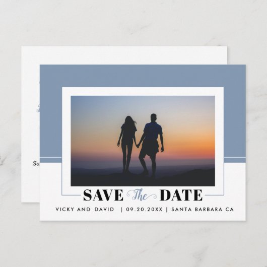 Dusty blue kleurenblokbruiloft Sla de datumfoto op Briefkaart (Voorkant / Achterkant)