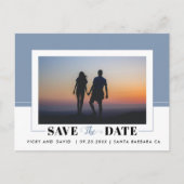 Dusty blue kleurenblokbruiloft Sla de datumfoto op Briefkaart (Voorkant)