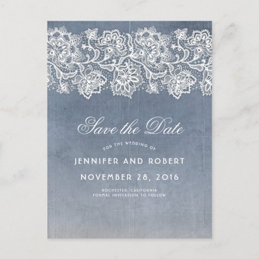 Dusty Blue  Lace Save the Date Aankondigingskaart (Voorkant)