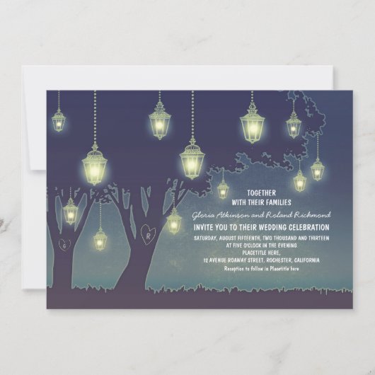 Dusty Blue Lantern Lights Tree Wedding Kaart (Voorkant)