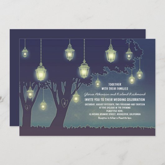 Dusty Blue Lantern Lights Tree Wedding Kaart (Voorkant / Achterkant)
