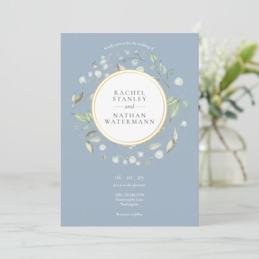 Dusty Blue Laurel Garland Greenery Wedding Kaart (Staand voorkant)