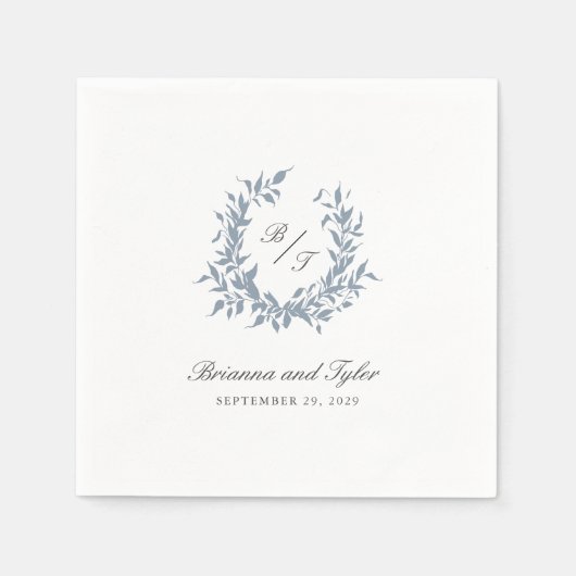 Dusty Blue Leafy Crest Monogram Bruiloft Logo Servet (Voorkant)