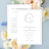 Dusty Blue Leafy Crest Monogram Details Wedding Kaart