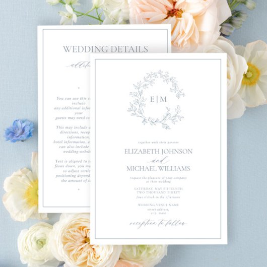 Dusty Blue Leafy Crest Monogram Details Wedding Kaart