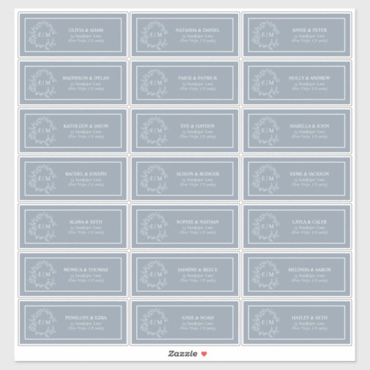 Dusty Blue Leafy Crest Monogram Guest Address Sticker (Vel)