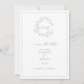 Dusty Blue Leafy Crest Monogram Save the Date Kaart (Voorkant)
