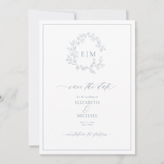 Dusty Blue Leafy Crest Monogram Save the Date Kaart (Voorkant)