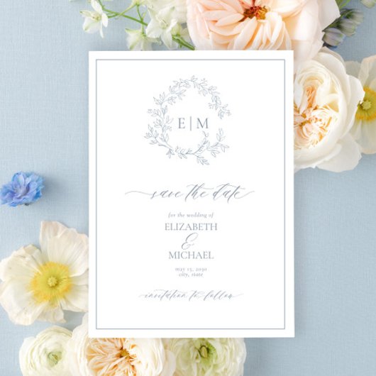 Dusty Blue Leafy Crest Monogram Save the Date Kaart