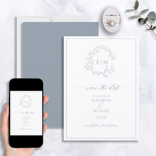 Dusty Blue Leafy Crest Monogram Save the Date Kaart