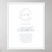 Dusty Blue Leafy Crest Monogram Unplugged Wedding Poster (Voorkant)