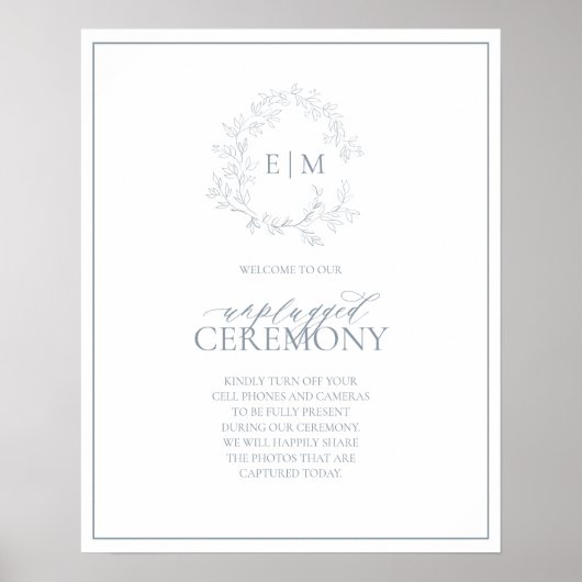 Dusty Blue Leafy Crest Monogram Unplugged Wedding Poster (Voorkant)
