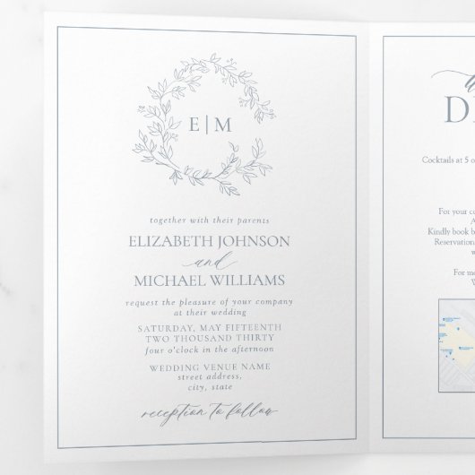 Dusty Blue Leafy Crest Monogram Weddenschap Drieluik Uitnodiging (Binnenzijde eerst)