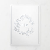 Dusty Blue Leafy Crest Monogram Weddenschap Drieluik Uitnodiging (Cover)
