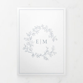 Dusty Blue Leafy Crest Monogram Weddenschap Drieluik Uitnodiging