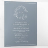 Dusty Blue Leafy Crest Monogram Weddenschap Drieluik Uitnodiging (Binnenzijde eerst)