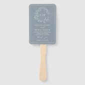 Dusty Blue Leafy Crest Monogram Weddenschap Handwaaier (Voorkant)