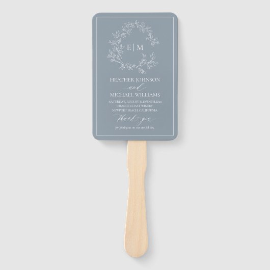 Dusty Blue Leafy Crest Monogram Weddenschap Handwaaier (Voorkant)