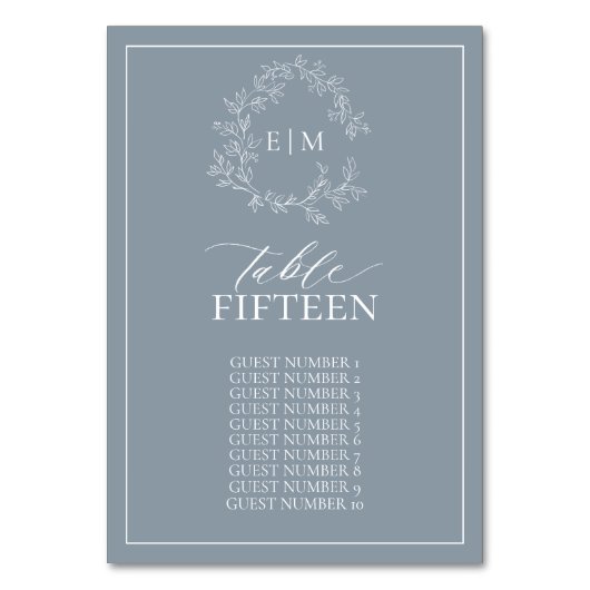 Dusty Blue Leafy Crest Monogram Weddenschap Kaart (Achterkant)