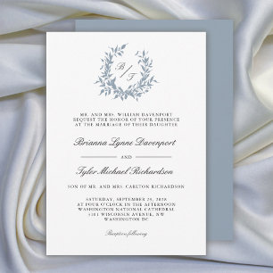 Dusty Blue Leafy Crest Monogram Weddenschap Kaart