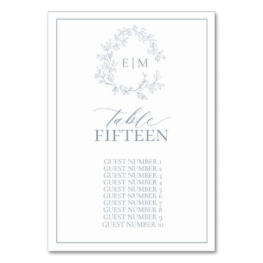 Dusty Blue Leafy Crest Monogram Weddenschap Kaart (Voorkant)