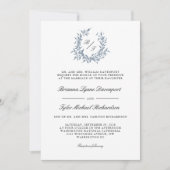 Dusty Blue Leafy Crest Monogram Weddenschap Kaart (Voorkant)