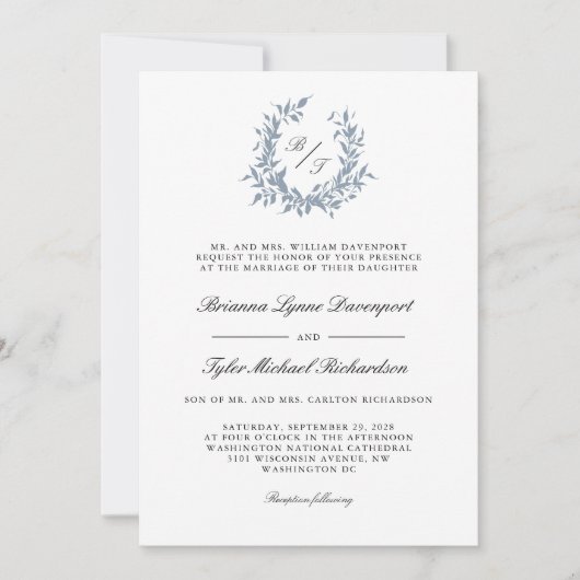 Dusty Blue Leafy Crest Monogram Weddenschap Kaart (Voorkant)