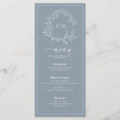 Dusty Blue Leafy Crest Monogram Weddenschap Menu (Voorkant)