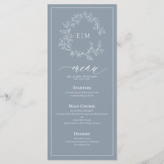 Dusty Blue Leafy Crest Monogram Weddenschap Menu (Voorkant)