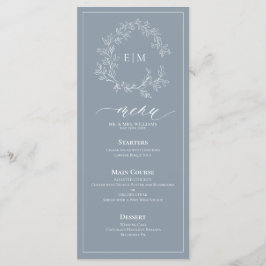 Dusty Blue Leafy Crest Monogram Weddenschap Menu