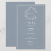 Dusty Blue Leafy Crest Monogram Weddenschap Menu (Voorkant / Achterkant)