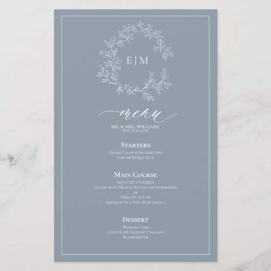 Dusty Blue Leafy Crest Monogram Weddenschap Menu (Voorkant)
