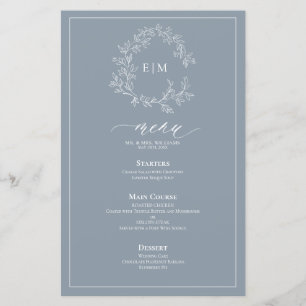 Dusty Blue Leafy Crest Monogram Weddenschap Menu