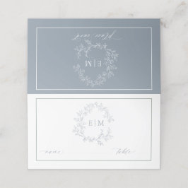 Dusty Blue Leafy Crest Monogram Weddenschap Plaatskaartje