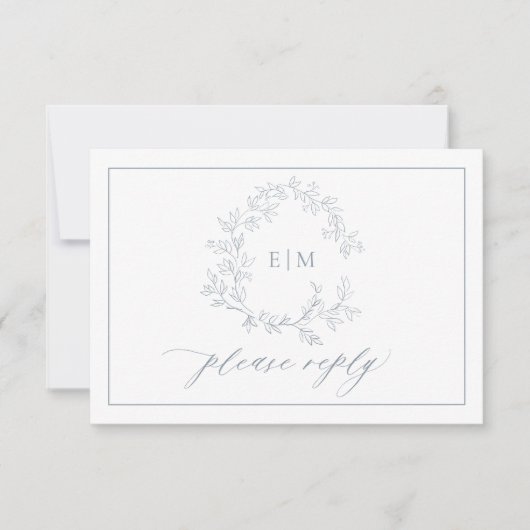 Dusty Blue Leafy Crest Monogram Weddenschap RSVP-k RSVP Kaartje (Voorkant)