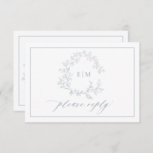 Dusty Blue Leafy Crest Monogram Weddenschap RSVP-k RSVP Kaartje (Voorkant / Achterkant)