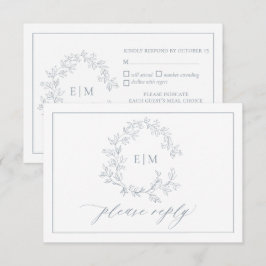 Dusty Blue Leafy Crest Monogram Weddenschap RSVP-k RSVP Kaartje