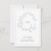 Dusty Blue Leafy Crest Monogram Weddenschap RSVP-k RSVP Kaartje (Voorkant)