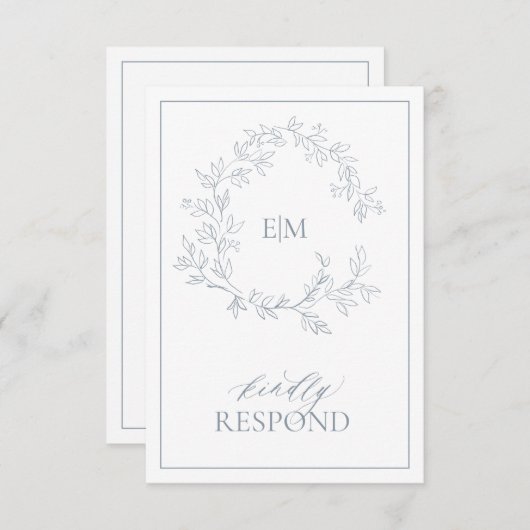 Dusty Blue Leafy Crest Monogram Weddenschap RSVP-k RSVP Kaartje (Voorkant / Achterkant)