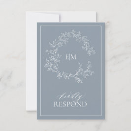 Dusty Blue Leafy Crest Monogram Weddenschap RSVP-k RSVP Kaartje