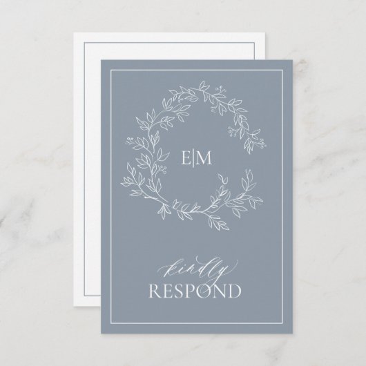 Dusty Blue Leafy Crest Monogram Weddenschap RSVP-k RSVP Kaartje (Voorkant / Achterkant)